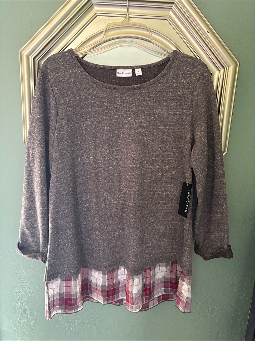 Kim Rogers Heather Gray Knit Top with Red Plaid Hem